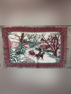 Vintage Woven Holiday Tapestry Throw Blanket Horse drawn carriage Red, Green